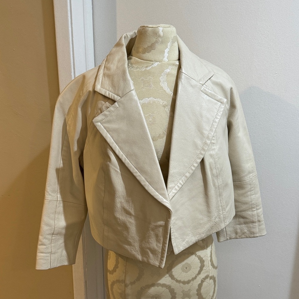 Newport News Leather Cream Cropped Lined Open Jacket 8